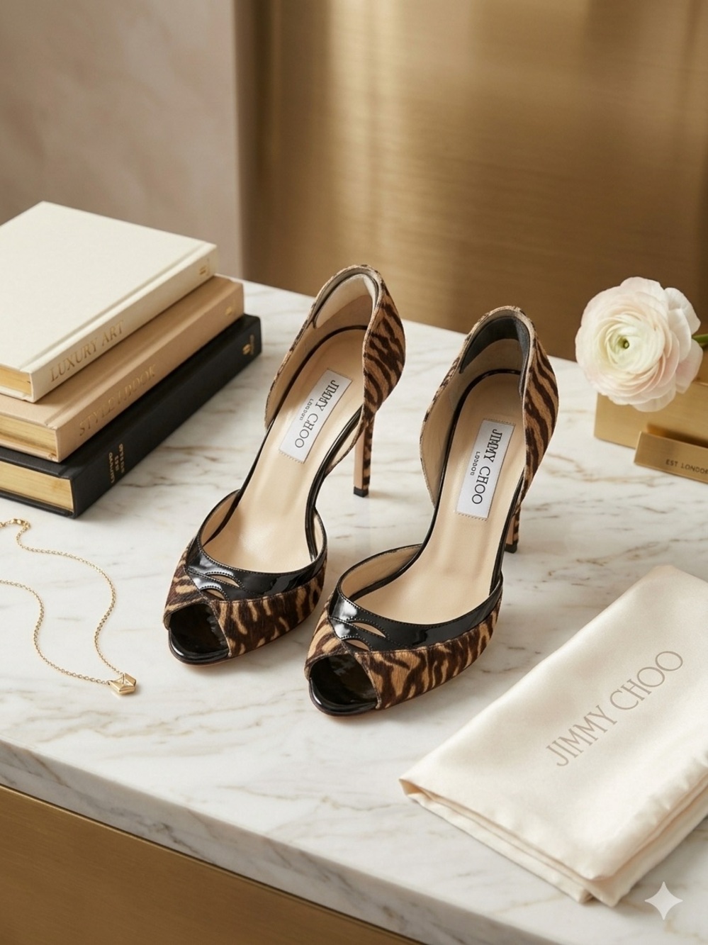 Jimmy Choo D'Orsay Animal Print Snake Stripe Peep Toe Heels 37.5 US 7.5 Worn 2x - Picture 12 of 13